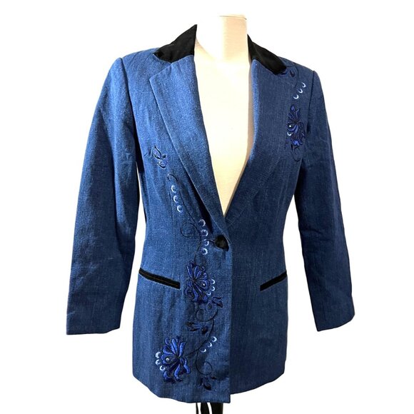 Coldwater Creek Vintage Velvet Embroidered Denim Blazer Sz 4 Petite Blue Black - Picture 5 of 14
